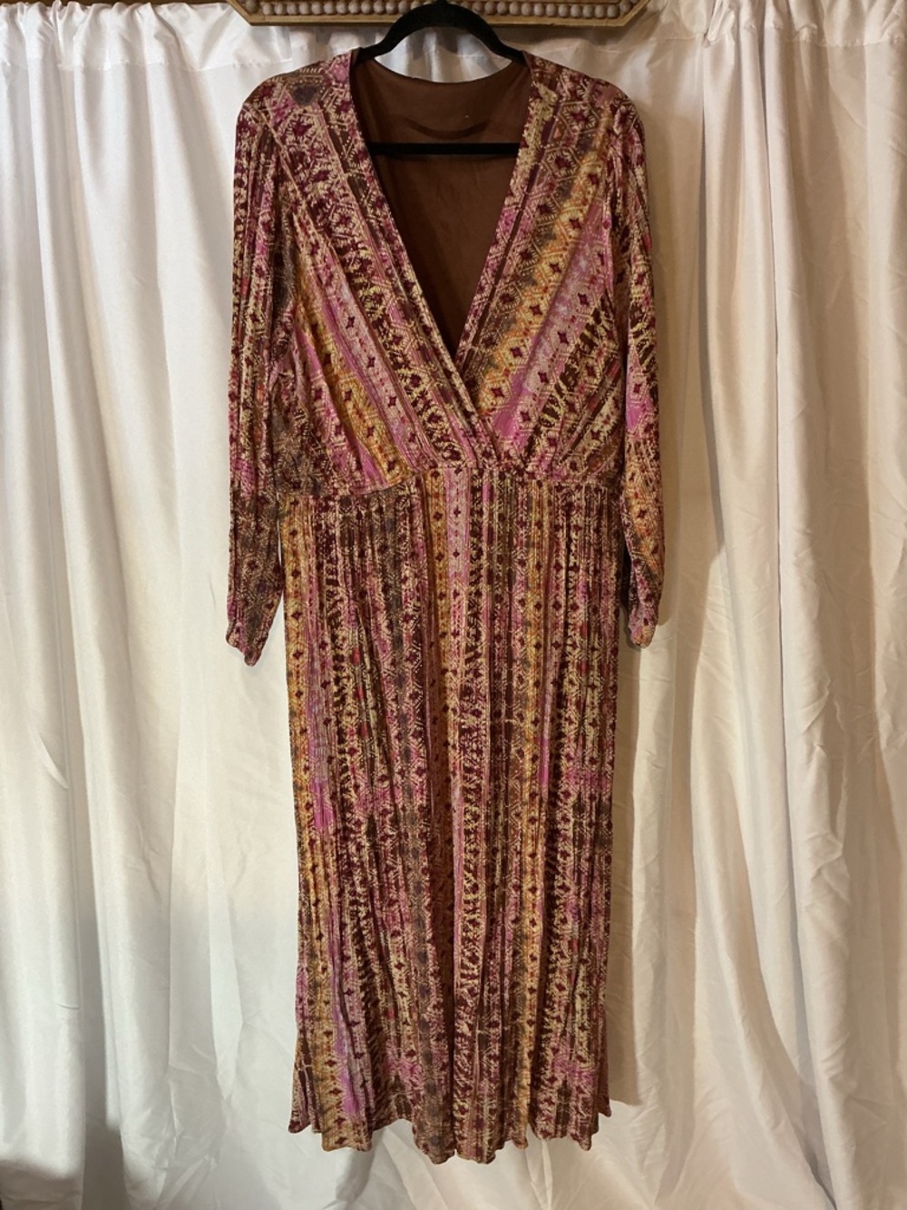 Boho Maxi Dress Pink Brown Long Sleeve 2X Women’s